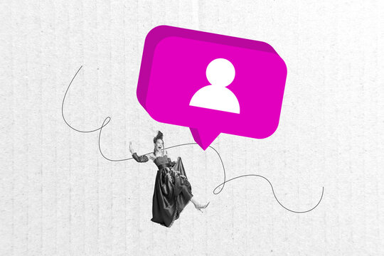 Creative 3d artwork pop banner collage of happy duchess girl dance bubble communication user dialogue phrase conversation