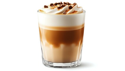 Layered coffee drink with caramel, milk, and whipped cream topped with chocolate pieces in clear glass, perfect for cafe menu promotion.