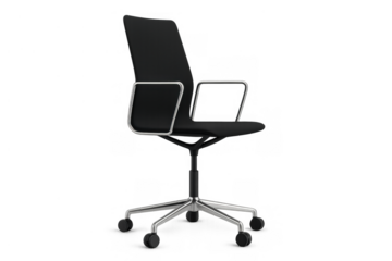 Black modern office chair with armrests and wheels, providing ergonomic comfort for business and home office