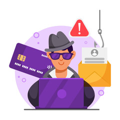 Cartoon hacker using laptop with credit card, phishing hook, alert symbol, on white background. Concept of cybercrime and identity theft. Vector illustration