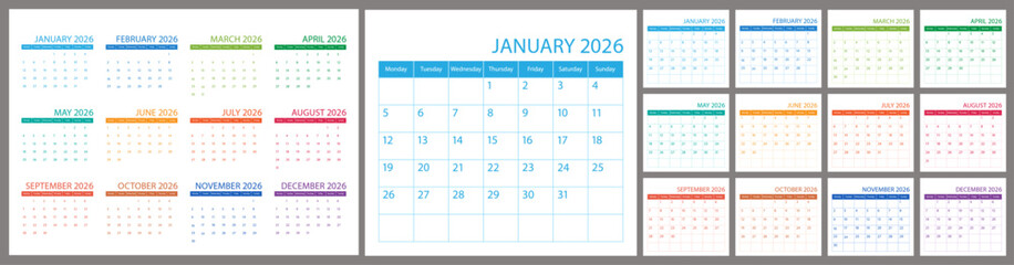 Calendar and planner 2026 year, schedule month calender, European organizer template. Week starts on Monday. Business personal page. Modern simple dairy. Vector illustration