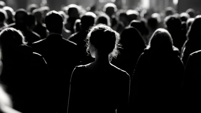 Silhouette of young caucasian female in crowd with dramatic lighting