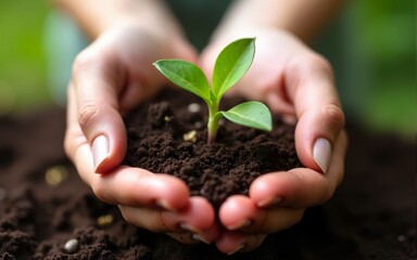 Close-up, heartfelt photograph of hands gently cupping rich soil, nurturing a tiny, vibrant green seedling that represents new growth and environmental care. High quality