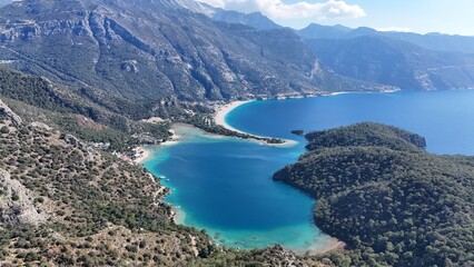 Mountain and Lagoon Landscape of Ölüdeniz – Aerial View of Turquoise Bay and Forested Slopes on the Mediterranean Coast of Turkey