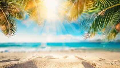 abstract blurred background featuring a tropical beach scene with sunlight rays golden sand clear water and palm leaves under a bright sky create a summer vacation vibe copy space available