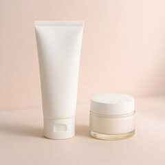 スキンケア 白いチューブとクリームジャーが並ぶミニマルなビューティー商品撮影 横長バナー用クリーンイメージ