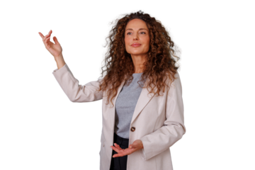 Business woman with curly hair presenting ideas, gesturing and explaining, working professional against transparent background