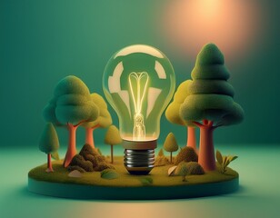 a miniature landscape featuring trees and a light bulb symbolizes eco friendliness and renewable energy