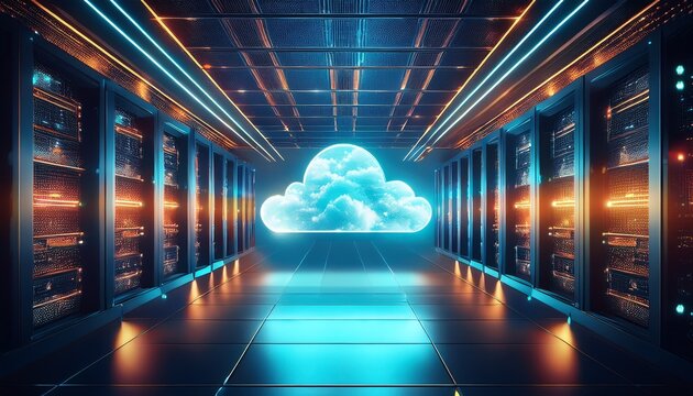 modern cloud computing metaphor in a sleek server room with a glowing cloud form floating above racks conveying scalability security and innovation