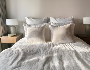 detailed view of a snug bed adorned with soft white cushions