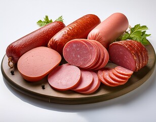 detailed view of cooked sausage varieties including bologna salami and ham on a plain white surface
