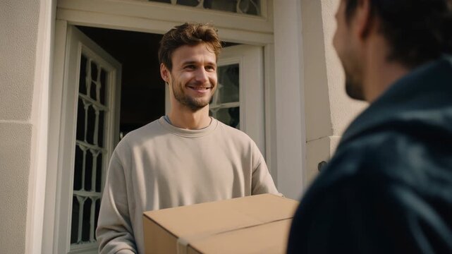Happy young man receiving a cardboard box from a delivery person at his front door, showcasing a successful e commerce transaction and reliable shipping service for online shopping
