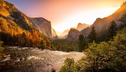 majestic yosemite valley at golden hour with towering granite walls misty falls and a meandering river winding through the forested floor under a glowing sky