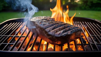 flames and fragrant smoke rising from a charcoal barbecue grill signaling the start of grilling season with the perfect steak on the way