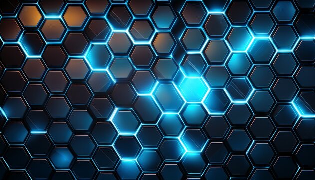 dark hexagonal honeycomb pattern with electric blue glow effects creating futuristic technology and gaming design backdrop - Powered by Adobe