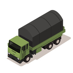 Fototapeta premium Green military cargo truck with black covered back in isometric style on white background. Concept of logistics, transport, and army vehicle. Vector illustration