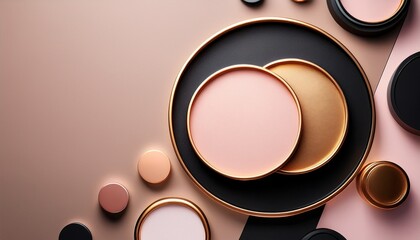 luxury circular podium frames in gold rose gold and black top view minimal 3d scene with soft shadows elegant cosmetic product backdrop with copy space
