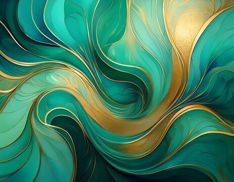 a stunning abstract image featuring swirling green and turquoise patterns interspersed with striking golden veins