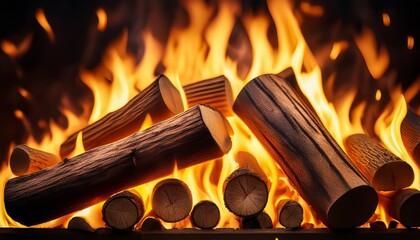 detailed view of glowing wooden logs engulfed in vivid yellow flames
