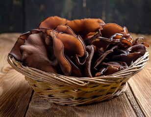 close up of wood ear mushrooms arranged in a woven basket on a rustic wooden surface