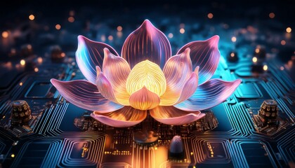a glowing lotus flower rests on a circuit board blending natural beauty with technology in a captivating visual display