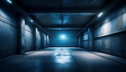 moody underground concrete chamber with low key blue lighting gritty walls and cinematic depth a dramatic industrial background for tech branding music promos and thriller posters