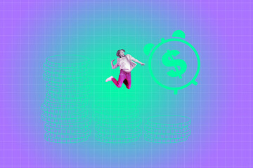 Banner image trendy composite collage of happy businessman jump dollar coin cyber transaction income jackpot success capital