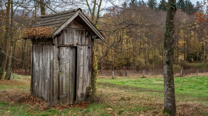 A rustic wooden shed stands in a grassy field surrounded by trees. The structure shows signs of age with a weathered appearance and leaves on the roof.