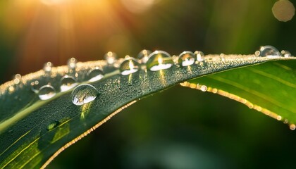 morning dew jewels on a green leaf macro sparkling droplets and rich texture illuminated by golden sunlight a serene natural micro world in stunning clarity