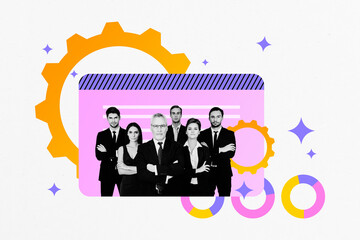 Photo collage trend artwork composite of marketing strategy synergy optimization team man lady...