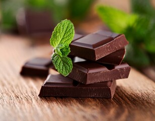 close up of dark chocolate pieces and mint leaves on a wooden surface with blurred background