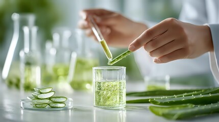 Laboratory technician adding aloe vera extract to glass beaker for natural cosmetic formulation. Fresh ingredients for skincare research.