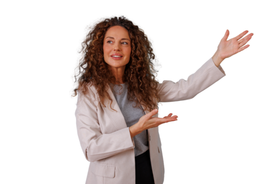 Woman with curly hair presenting, gesturing with hands, explaining a concept, smiling, transparent background