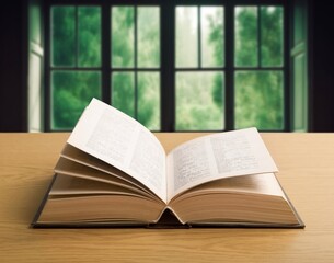 open reading book by clean window on desk