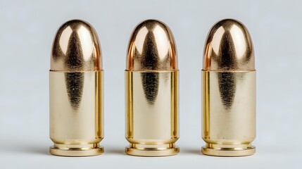 Three shiny brass bullets with copper tips arranged in a row on light gray background, showcasing ammunition detail for hunting or shooting sports.