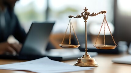 Golden scales of justice on desk with legal professional working on laptop in background, symbolizing law practice and judicial system.