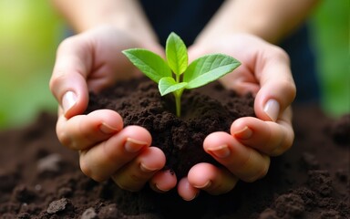 Hands gently nurturing a young plant seedling in fertile soil. High quality