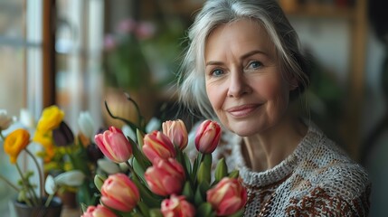Elegant senior woman with gray hair holding colorful spring tulip bouquet, smiling warmly in cozy home environment with natural light.