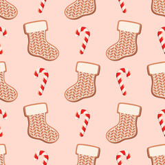 Seamless pattern with gingerbread cookie in form of stocking decorated of sugar icing and candy cane on a light beige background. Vector festive winter season background.
