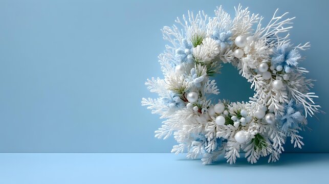 Elegant winter wreath with white branches, blue and silver ornaments on light blue background for holiday home decor or festive greeting cards.