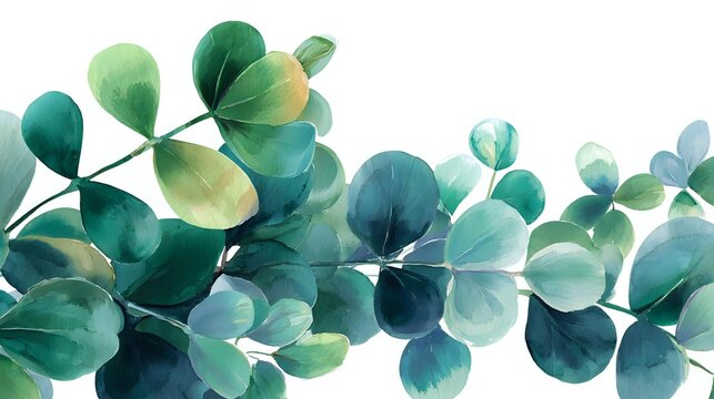 Watercolor eucalyptus leaves in teal and green tones arranged in elegant branches, creating a fresh botanical composition for wedding invitations and home decor.