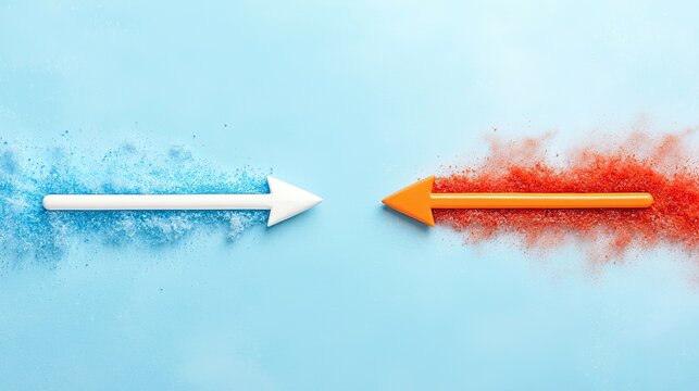 Two arrows, one white and one orange, point towards each other, leaving trails of blue and red powder on a light blue background.