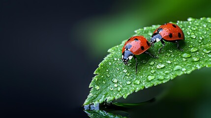 Two red ladybugs on wet green leaf with water droplets, creating natural macro scene against dark background.