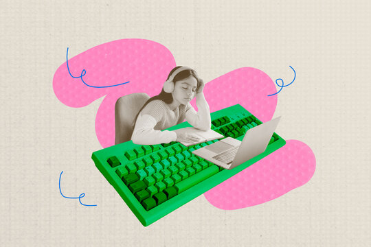 3d full poster banner collage of dreamy tired schoolgirl lay keypad laptop e-learning university learner education concept