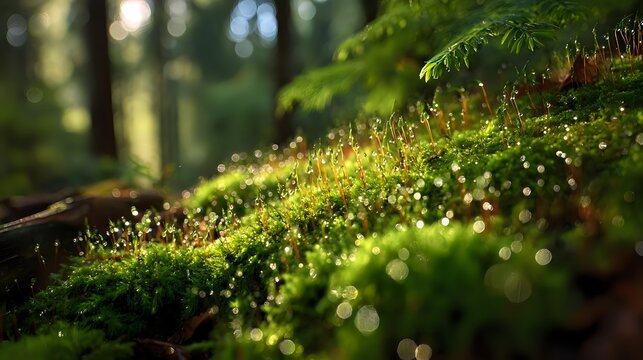 Sunlit moss and tiny wildflowers on forest floor with morning dew drops creating magical bokeh effect in peaceful woodland setting. - Powered by Adobe
