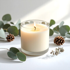 A lit candle in a glass holder surrounded by eucalyptus leaves and pine cones. The scene evokes a cozy atmosphere for winter celebrations.
