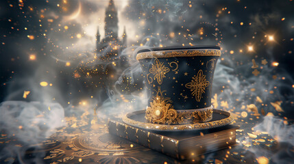 Victorian magician hat sparkling by castle, snowkissed top hat resting on ornate table, golden filigree trim, glowing bokeh lights, frosty air, distant medieval castle silhouette, cinematic fantasy