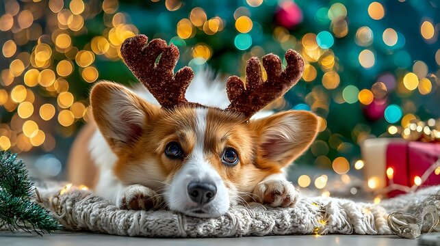 Adorable corgi dog wearing festive reindeer antlers, lying on cozy blanket with Christmas lights and decorations creating magical bokeh background. - Powered by Adobe