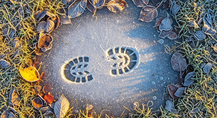 Frozen puddle with boot print surrounded by autumn leaves and frost