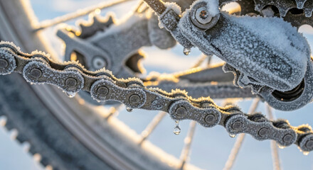 Close-up of icy bicycle chain outdoors in winter morning light